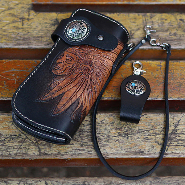 Leather Tooled Indian Chief Mens Biker Chain Wallet Handmade Leather Biker Wallet for Men - EverHandmade