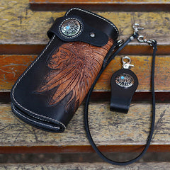 Leather Tooled Indian Chief Mens Biker Chain Wallet Handmade Leather Biker Wallet for Men - EverHandmade