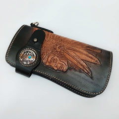 Leather Tooled Indian Chief Mens Biker Chain Wallet Handmade Leather Biker Wallet for Men - EverHandmade