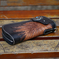 Leather Tooled Indian Chief Mens Biker Chain Wallet Handmade Leather Biker Wallet for Men - EverHandmade