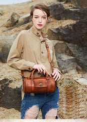 Brown Leather Womens Barrel Handbag Handmade Barrel Handbag Crossbody Purse for Ladies