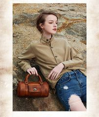 Coffee Leather Womens Barrel Handbag Handmade Barrel Handbag Crossbody Purse for Ladies