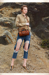 Coffee Leather Womens Barrel Handbag Handmade Barrel Handbag Crossbody Purse for Ladies