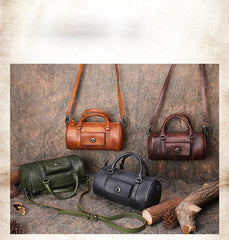 Coffee Leather Womens Barrel Handbag Handmade Barrel Handbag Crossbody Purse for Ladies