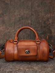 Coffee Leather Womens Barrel Handbag Handmade Barrel Handbag Crossbody Purse for Ladies