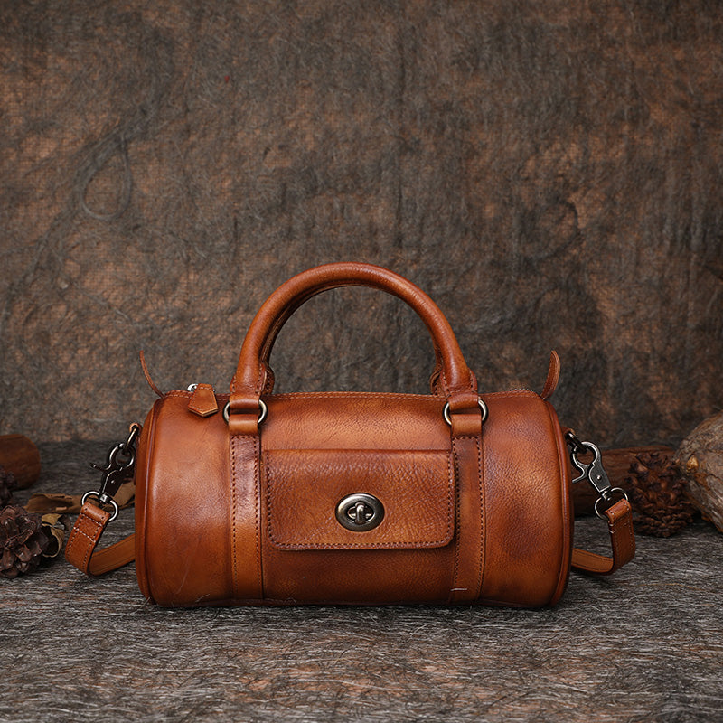 Coffee Leather Womens Barrel Handbag Handmade Barrel Handbag Crossbody Purse for Ladies