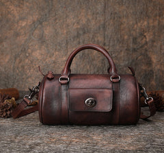 Coffee Leather Womens Barrel Handbag Handmade Barrel Handbag Crossbody Purse for Ladies