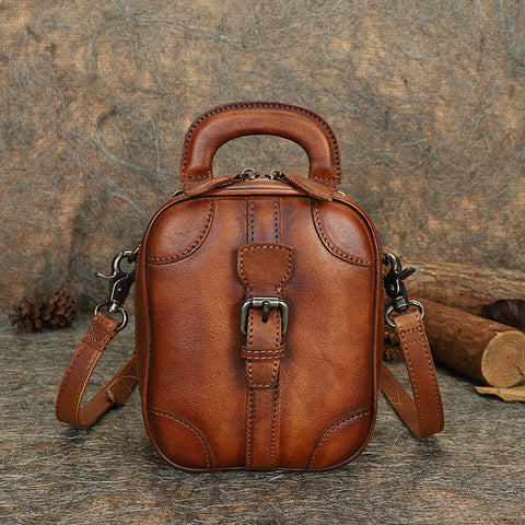 Brown Leather Womens Small Vertical Shoulder Bag Small Handmade Crossbody Handbag Purse for Ladies