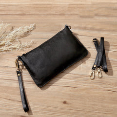 Black Leather Wristlet Wallet Womens Small Minimalist Shoulder Purse Zip Crossbody Purse Slim Shoulder Bag for Women