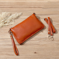Dark Orange Leather Wristlet Wallet Womens Small Minimalist Shoulder Purse Zip Crossbody Purse Slim Shoulder Bag for Women