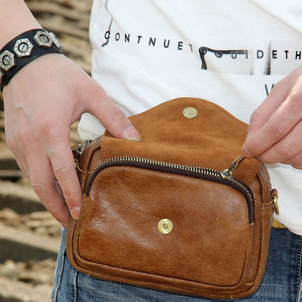 Leather Mens Belt Pouch Small Cases Waist Bags Belt Bag Shoulder Bag for Men