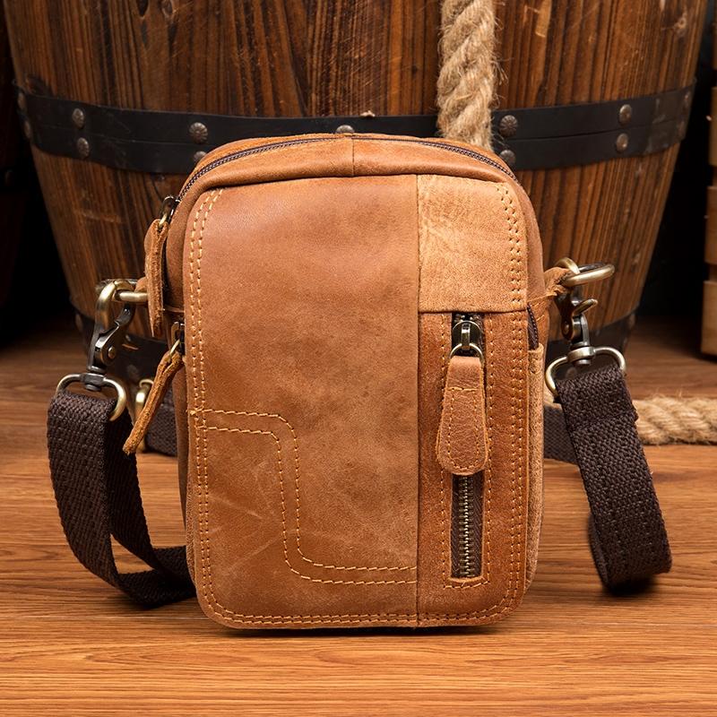 Tan Mens Leather Belt Pouch Small Side Bag Belt Bag Camel Waist Bag Courier Bag for Men