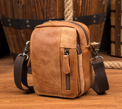 Tan Mens Leather Belt Pouch Small Side Bag Belt Bag Camel Waist Bag Courier Bag for Men