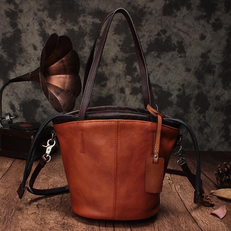 Vintage Womens Brown Leather Bucket Purse Bucket Handbags Shoulder Barrel Bag Crossbody Purse for Ladies