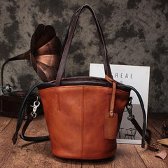 Vintage Womens Brown Leather Bucket Purse Bucket Handbags Shoulder Barrel Bag Crossbody Purse for Ladies