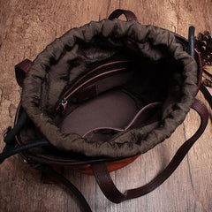 Vintage Womens Brown Leather Bucket Purse Bucket Handbags Shoulder Barrel Bag Crossbody Purse for Ladies