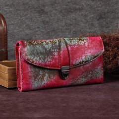 Red Womens Vintage Leather Bifold Wallet Long Wallet Brown Phone Clutch Wallet Purse for Ladies