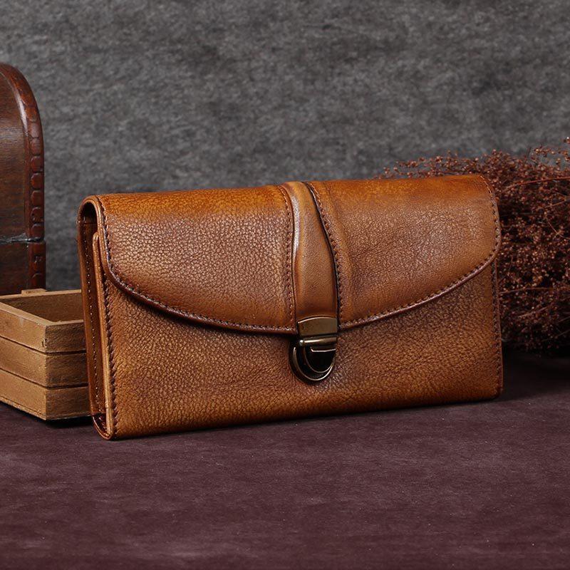 Brown Womens Vintage Leather Bifold Wallet Long Wallet Phone Clutch Wallet Purse for Ladies