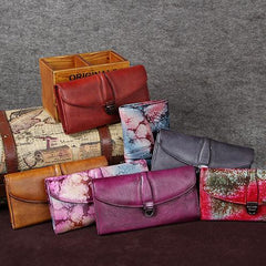 Purple Womens Vintage Leather Bifold Wallet Long Wallet Brown Phone Clutch Wallet Purse for Ladies