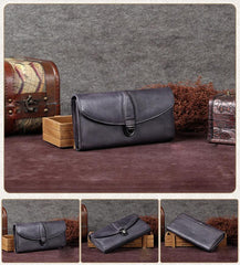 Grey Vintage Leather WOmens Buckle Long Wallet Brown Red Phone Clutch Purse for WOmen