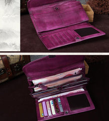 Purple Womens Vintage Leather Bifold Wallet Long Wallet Brown Phone Clutch Wallet Purse for Ladies