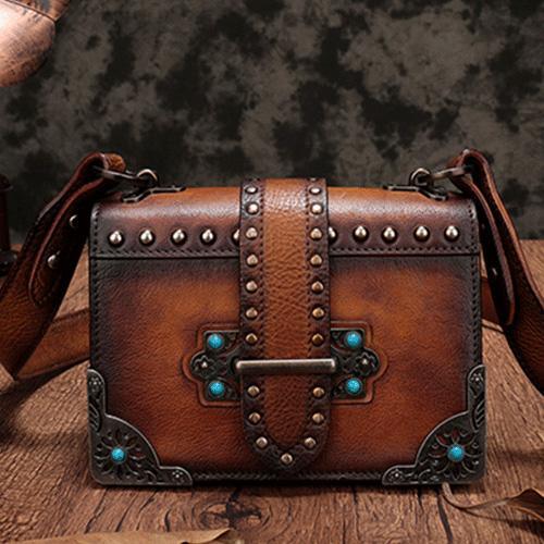 Vintage Womens Rivet Gray Leather Small Side Bags Purse Shoulder Crossbody Bags for Ladies