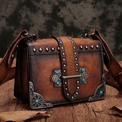 Vintage Womens Rivet Gray Leather Small Side Bags Purse Shoulder Crossbody Bags for Ladies