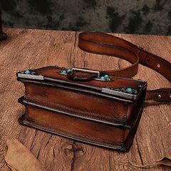 Vintage Womens Rivet Brown Leather Small Side Bags Purse Shoulder Crossbody Bags for Ladies