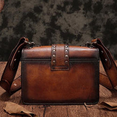 Vintage Womens Rivet Brown Leather Small Side Bags Purse Shoulder Crossbody Bags for Ladies