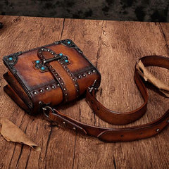 Vintage Womens Rivet Brown Leather Small Side Bags Purse Shoulder Crossbody Bags for Ladies