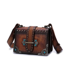 Vintage Womens Rivet Brown Leather Small Side Bags Purse Shoulder Crossbody Bags for Ladies