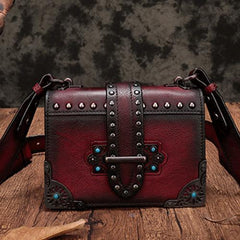Vintage Womens Rivet Brown Leather Small Side Bags Purse Shoulder Crossbody Bags for Ladies