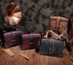 Vintage Womens Rivet Brown Leather Small Side Bags Purse Shoulder Crossbody Bags for Ladies