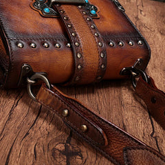 Vintage Womens Rivet Brown Leather Small Side Bags Purse Shoulder Crossbody Bags for Ladies