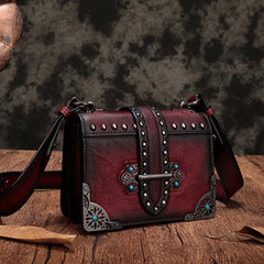 Vintage Womens Rivet Red Leather Small Side Bags Purse Shoulder Crossbody Bags for Ladies