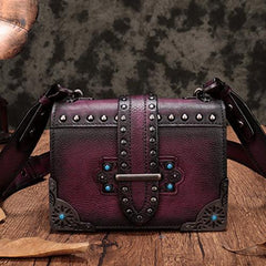 Vintage Womens Rivet Gray Leather Small Side Bags Purse Shoulder Crossbody Bags for Ladies