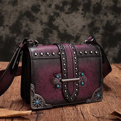 Vintage Womens Rivet Red Leather Small Side Bags Purse Shoulder Crossbody Bags for Ladies