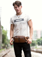 Brown Mens Leather Fanny Pack Cool Waist Bag Hip Pack Black Belt Bag Bumbag for Men
