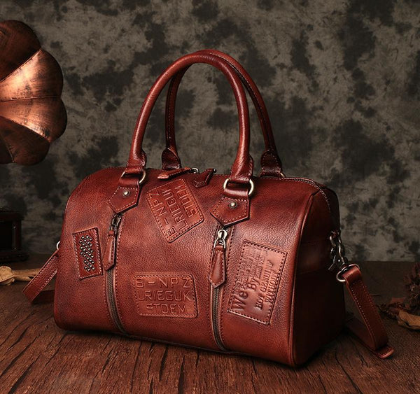 Vintage Womens Brown Leather Boston Handbags Boston Shoulder Handbag Crossbody B DD049501030