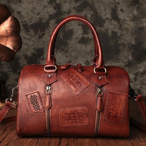 Vintage Womens Brown Leather Boston Handbags Boston Shoulder Handbag Crossbody Bags