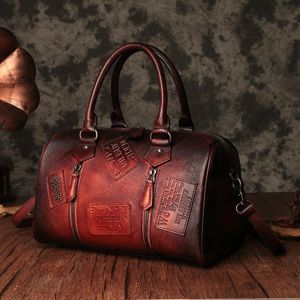 Vintage Womens Red Leather Boston Handbags Boston Shoulder Handbag Crossbody Bags