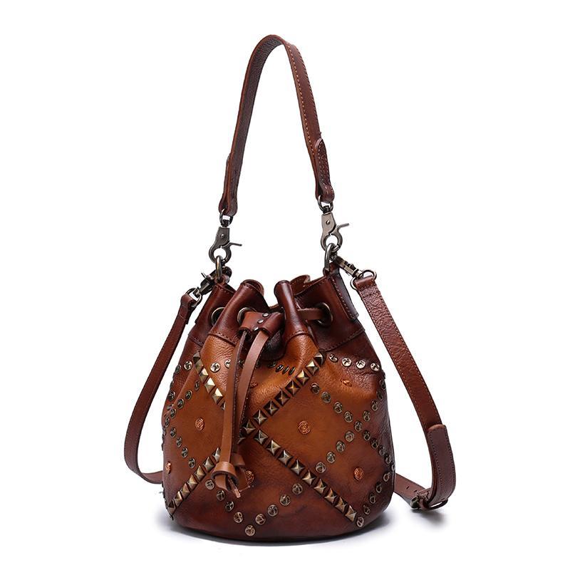 Brown Leather Womens Bucket Handbag Shoulder Bag Studded Western Leather Shoulder Barrel Bag Purse