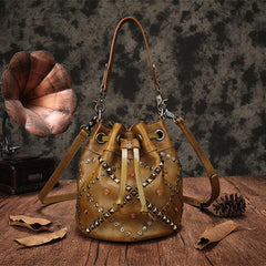 Purple Leather Womens Bucket Handbag Shoulder Bag Studded Western Leather Shoulder Barrel Bag Purse