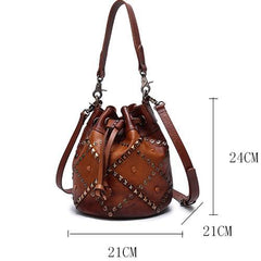 Purple Leather Womens Bucket Handbag Shoulder Bag Studded Western Leather Shoulder Barrel Bag Purse