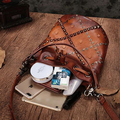 Purple Leather Womens Bucket Handbag Shoulder Bag Studded Western Leather Shoulder Barrel Bag Purse