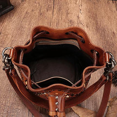 Purple Leather Womens Bucket Handbag Shoulder Bag Studded Western Leather Shoulder Barrel Bag Purse