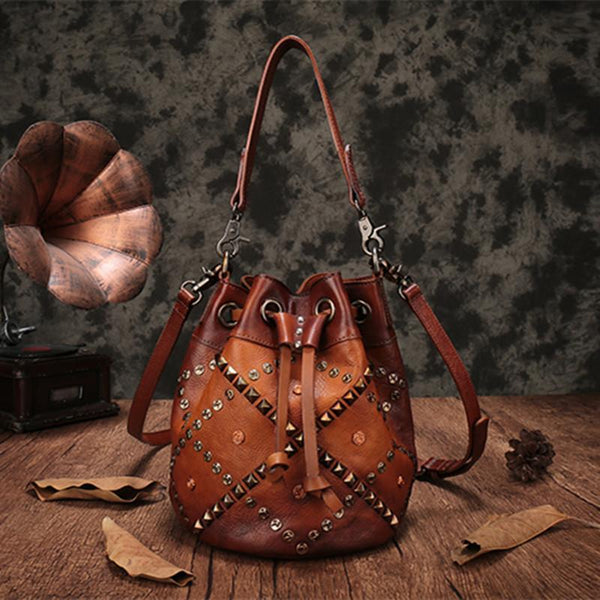 Brown Leather Womens Bucket Handbag Shoulder Bag Studded Western Leather Shoulder Barrel Bag Purse