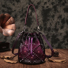 Brown Leather Womens Bucket Handbag Shoulder Bag Studded Western Leather Shoulder Barrel Bag Purse