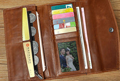 Leather Long Wallet for Men Trifold Brown Wallet