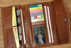 Leather Long Wallet for Men Trifold Brown Wallet